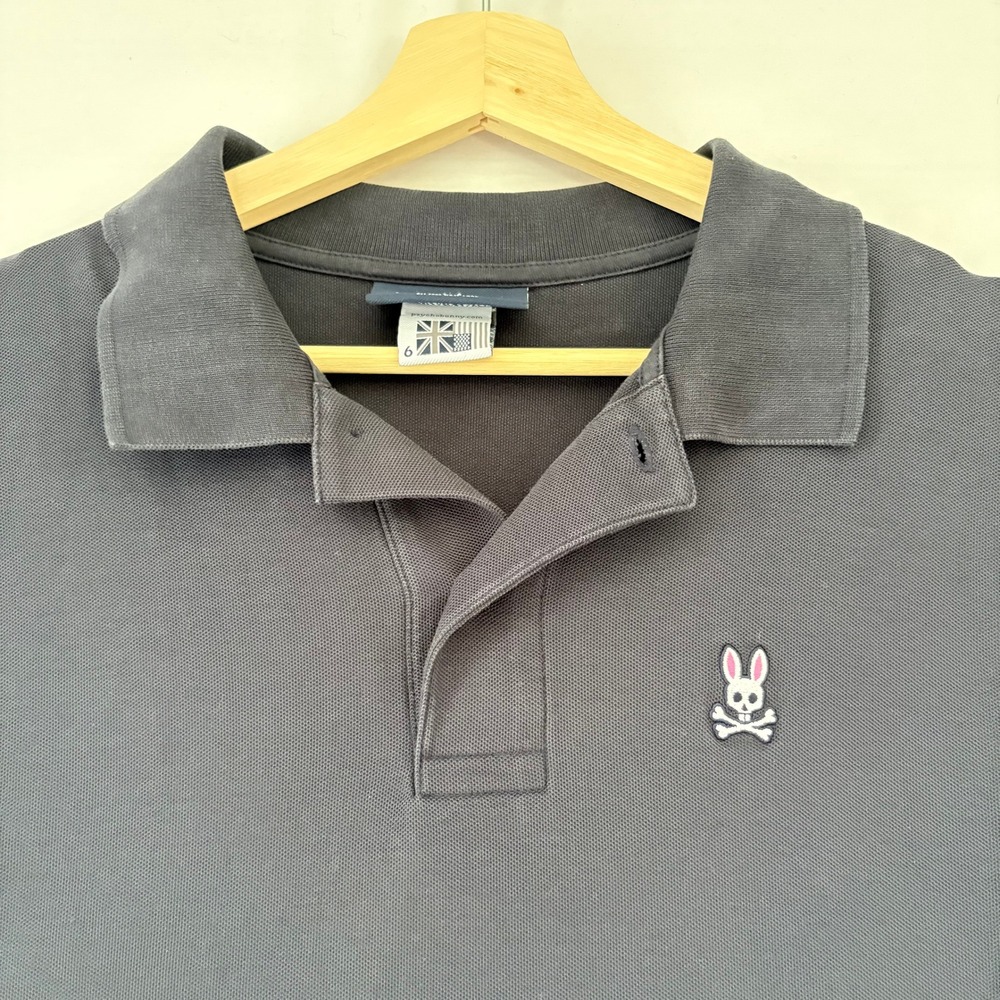 Psycho Bunny Mens Pima Cotton Polo Shirt Charcoal Blue Logo B6K001ARPC Size 6 L - Picture 3 of 8